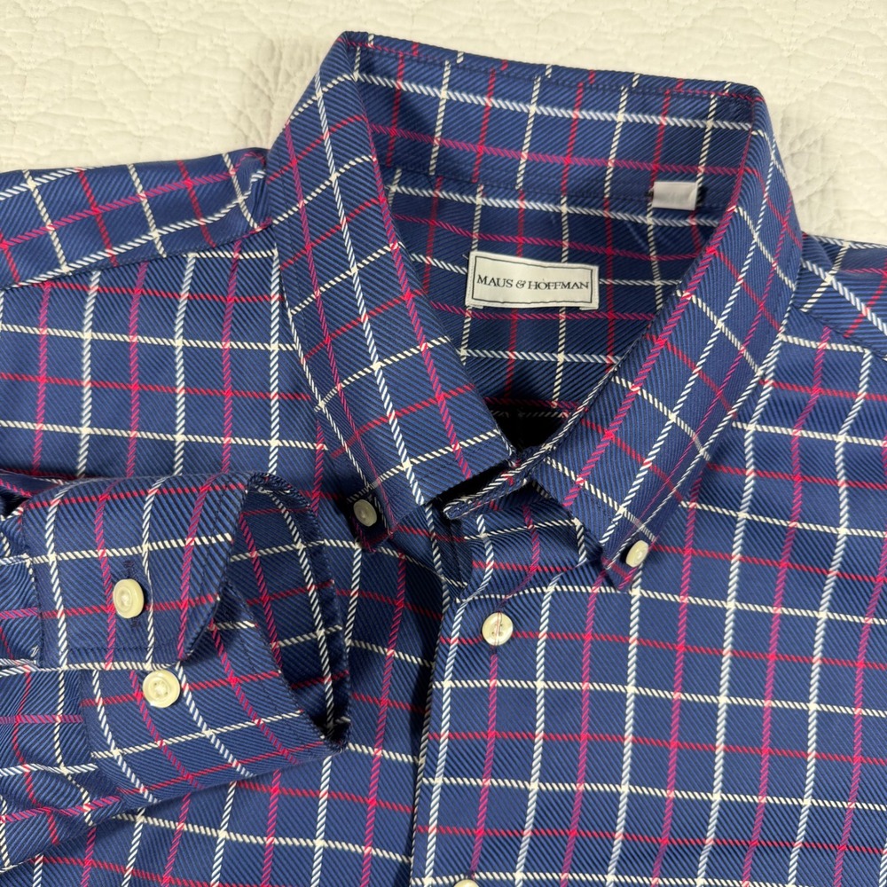 MAUS & HOFFMAN Mens XL Plaid Button Down Shirt Blue Red‎ White Long Sleeve USA